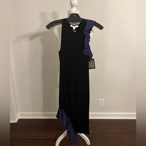 Simkhai Black Fitted Dress With Navy Ruffle At Top And Bottom, Size Small, NWT
